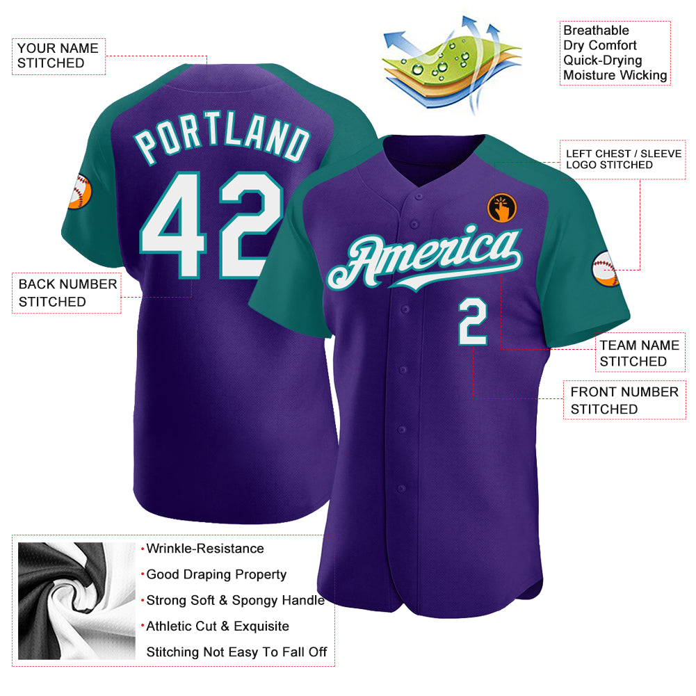 Personalized Purple White-Teal Authentic Raglan Sleeves Baseball Jersey Team Custom Name and Number Personalized Purple White-Teal Authentic Raglan Sleeves Baseball Jersey Team Custom Name and Number - Image 3