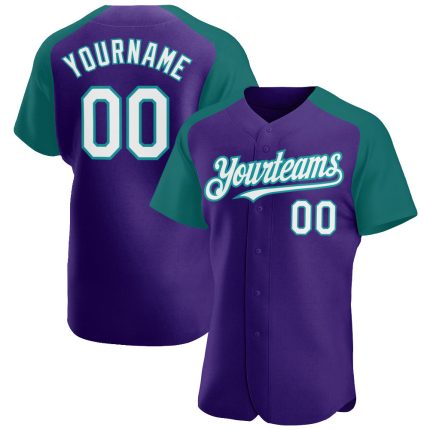 Personalized Purple White-Teal Authentic Raglan Sleeves Baseball Jersey Team Custom Name and Number
