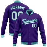Personalized Purple White-Teal Bomber Full-Snap Varsity Letterman Jacket Team Custom Name and Number