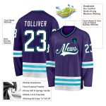 Personalized Purple White-Teal Hockey Jersey Team Custom Name and Number