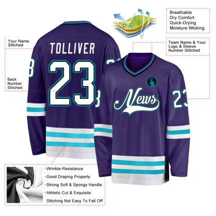 Personalized Purple White-Teal Hockey Jersey Team Custom Name and Number