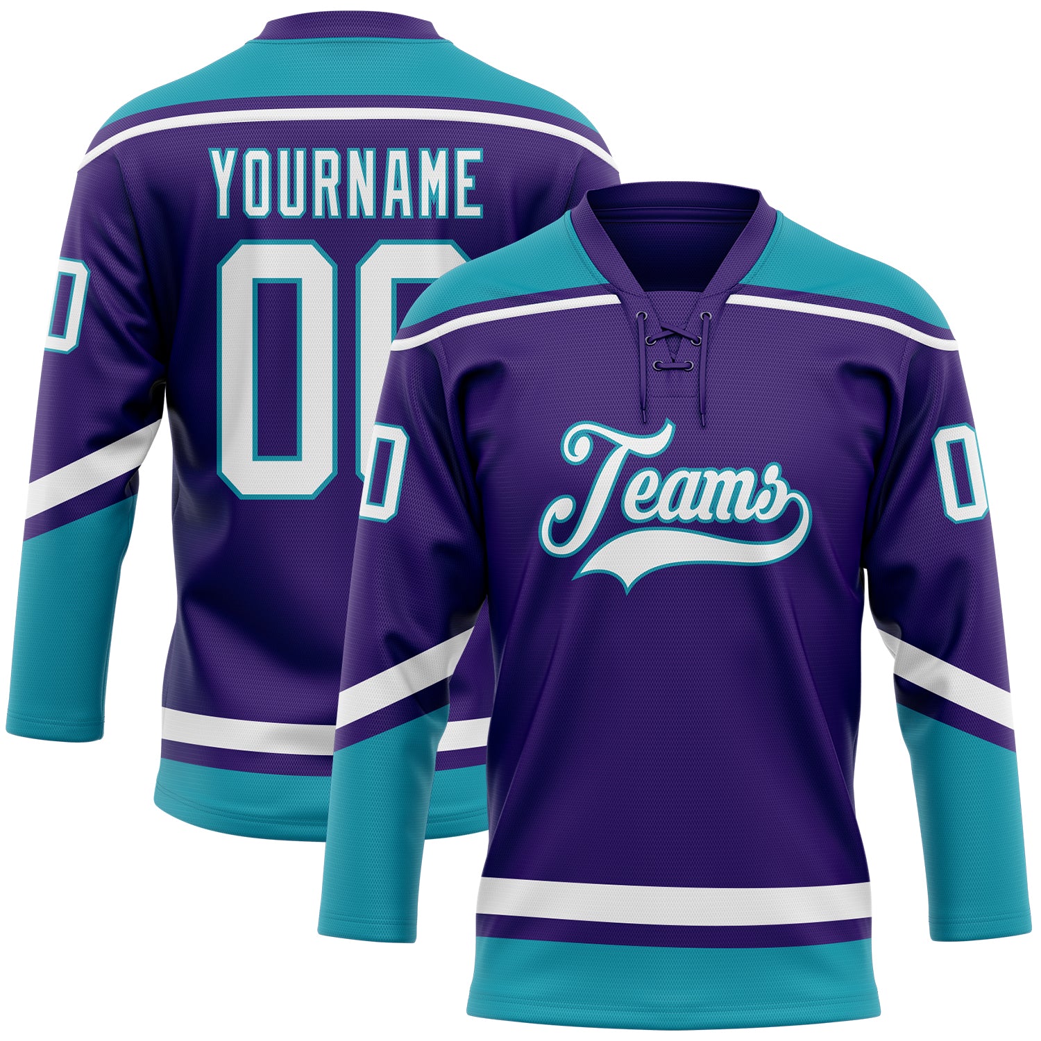 Personalized Purple White-Teal Hockey Lace Neck Jersey Team Custom Name and Number