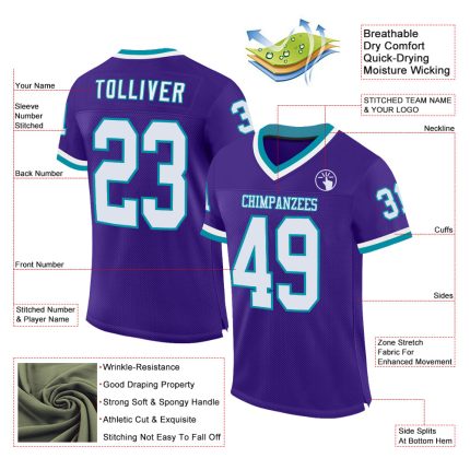 Personalized Purple White-Teal Mesh Authentic Throwback Football Jersey Team Custom Name and Number