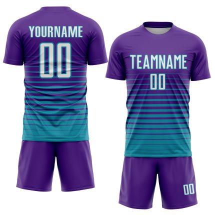 Personalized Purple White-Teal Pinstripe Fade Fashion Sublimation Soccer Uniform Jersey Team Custom Name and Number