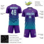 Personalized Purple White-Teal Pinstripe Fade Fashion Sublimation Soccer Uniform Jersey Team Custom Name and Number