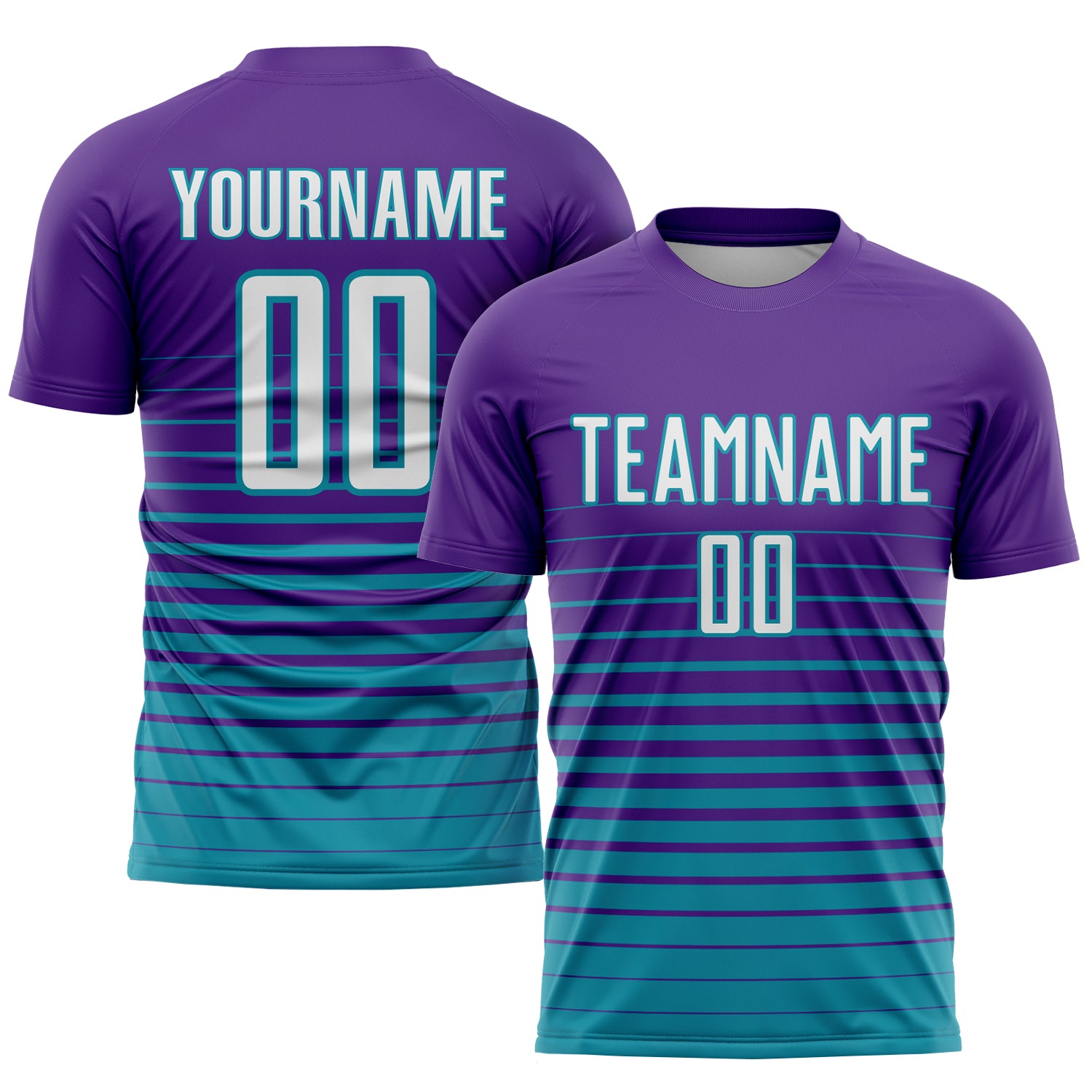 Personalized Purple White-Teal Pinstripe Fade Fashion Sublimation Soccer Uniform Jersey Team Custom Name and Number