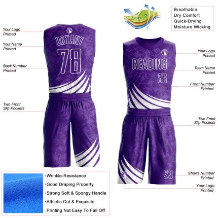Personalized Purple White Wind Shapes Round Neck Sublimation Basketball Suit Jersey Team Custom Name and Number