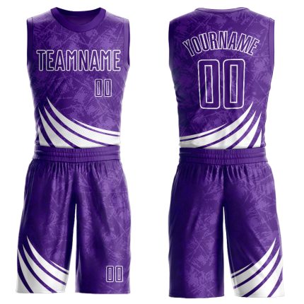 Personalized Purple White Wind Shapes Round Neck Sublimation Basketball Suit Jersey Team Custom Name and Number