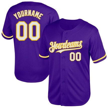 Personalized Purple White-Yellow Mesh Authentic Throwback Baseball Jersey Team Custom Name and Number