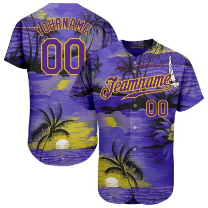 Personalized Purple Yellow 3D Pattern Design Sun Beach Hawaii Palm Trees Authentic Baseball Jersey Team Custom Name and Number
