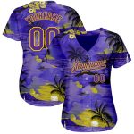 Personalized Purple Yellow 3D Pattern Design Sun Beach Hawaii Palm Trees Authentic Baseball Jersey Team Custom Name and Number