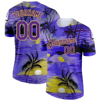 Personalized Purple Yellow 3D Pattern Design Sun Beach Hawaii Palm Trees Performance T-Shirt Team Custom Name and Number