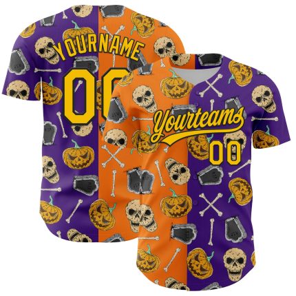 Personalized Purple Yellow Bay Orange-Black 3D Pattern Halloween Skull Authentic Baseball Jersey Team Custom Name and Number