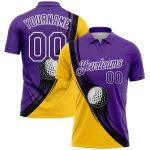 Personalized Purple Yellow-Black 3D Pattern Design Golf Ball Performance Golf Polo Shirt Team Custom Name and Number