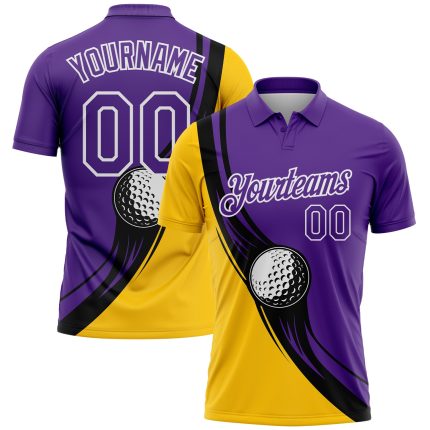 Personalized Purple Yellow-Black 3D Pattern Design Golf Ball Performance Golf Polo Shirt Team Custom Name and Number