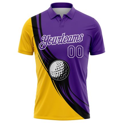 Personalized Purple Yellow-Black 3D Pattern Design Golf Ball Performance Golf Polo Shirt Team Custom Name and Number
