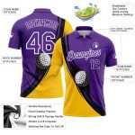 Personalized Purple Yellow-Black 3D Pattern Design Golf Ball Performance Golf Polo Shirt Team Custom Name and Number