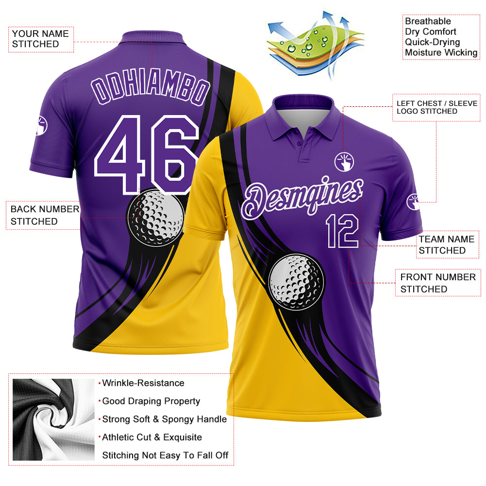 Personalized Purple Yellow-Black 3D Pattern Design Golf Ball Performance Golf Polo Shirt Team Custom Name and Number Personalized Purple Yellow-Black 3D Pattern Design Golf Ball Performance Golf Polo Shirt Team Custom Name and Number - Image 3