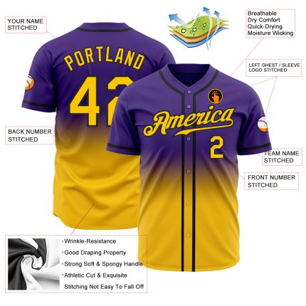 Personalized Purple Yellow-Black Authentic Fade Fashion Baseball Jersey Team Custom Name and Number