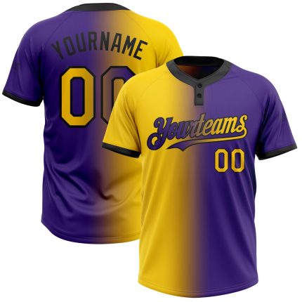 Personalized Purple Yellow-Black Gradient Fashion Two-Button Unisex Softball Jersey Team Custom Name and Number