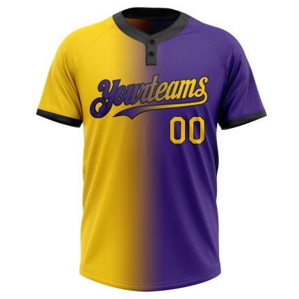 Personalized Purple Yellow-Black Gradient Fashion Two-Button Unisex Softball Jersey Team Custom Name and Number
