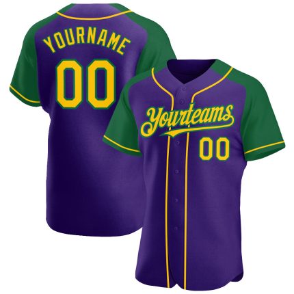 Personalized Purple Yellow-Kelly Green Authentic Raglan Sleeves Baseball Jersey Team Custom Name and Number