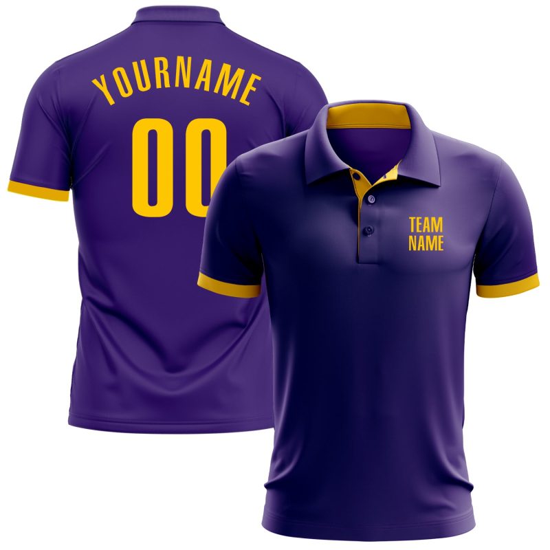 Personalized Purple Yellow Performance Golf Polo Shirt Team Custom Name and Number