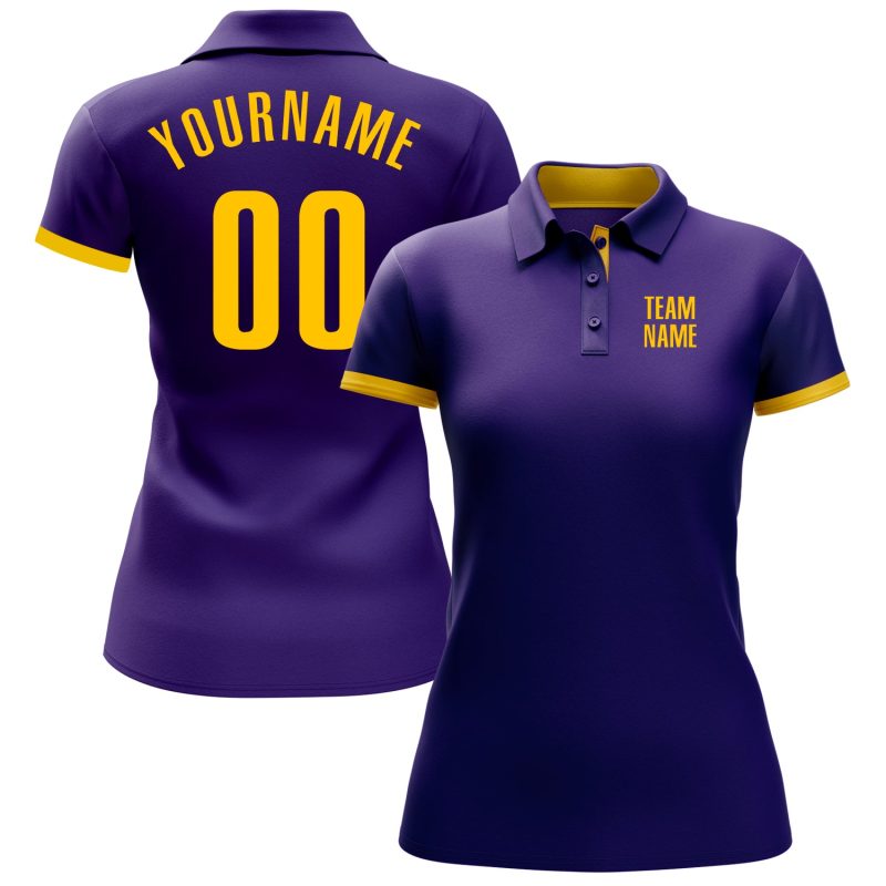 Personalized Purple Yellow Performance Golf Polo Shirt Team Custom Name and Number