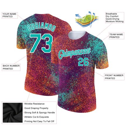 Personalized Red Aqua-White 3D Pattern Design Holi Festival Color Powder Performance T-Shirt Team Custom Name and Number