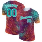 Personalized Red Aqua-White 3D Pattern Design Holi Festival Color Powder Performance T-Shirt Team Custom Name and Number
