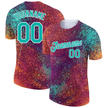 Personalized Red Aqua-White 3D Pattern Design Holi Festival Color Powder Performance T-Shirt Team Custom Name and Number