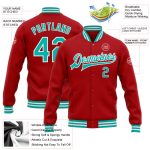 Personalized Red Aqua-White Bomber Full-Snap Varsity Letterman Jacket Team Custom Name and Number