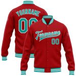 Personalized Red Aqua-White Bomber Full-Snap Varsity Letterman Jacket Team Custom Name and Number