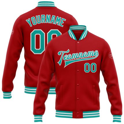 Personalized Red Aqua-White Bomber Full-Snap Varsity Letterman Jacket Team Custom Name and Number