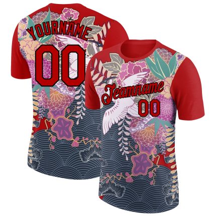Personalized Red Black 3D Pattern Design Animal Crane Performance T-Shirt Team Custom Name and Number