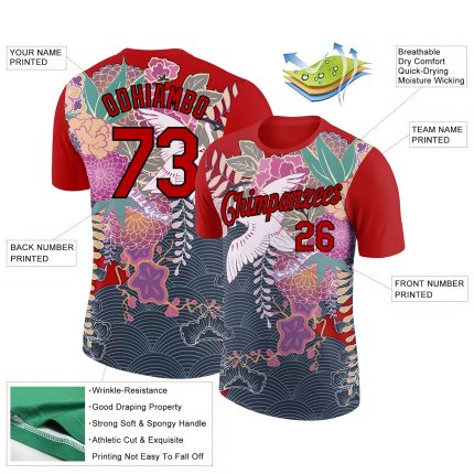 Personalized Red Black 3D Pattern Design Animal Crane Performance T-Shirt Team Custom Name and Number