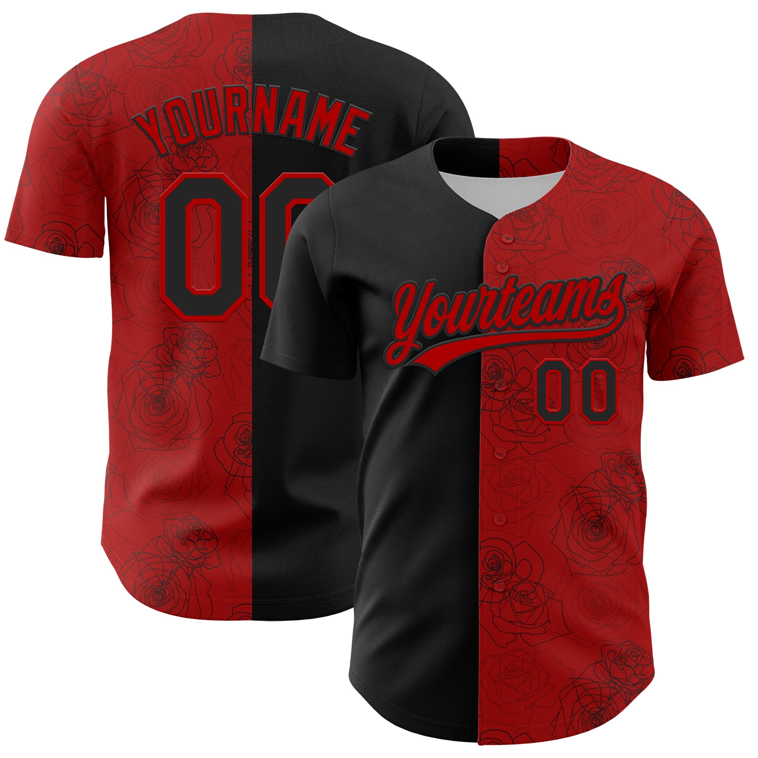 Personalized Red Black 3D Pattern Design Gothic Style Rose Authentic Baseball Jersey Team Custom Name and Number