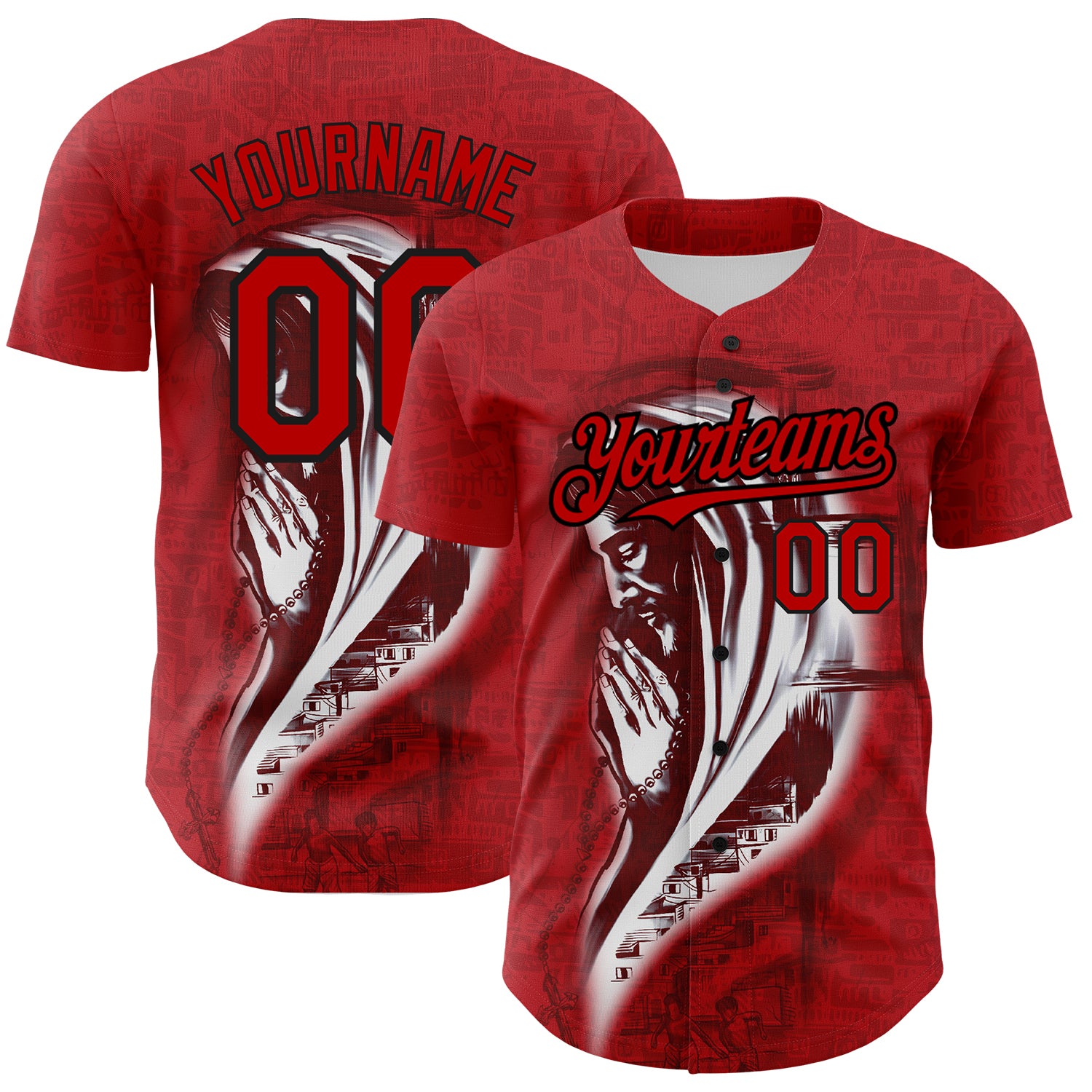 Personalized Red Black 3D Pattern Design Religion Jesus Christc Authentic Baseball Jersey Team Custom Name and Number