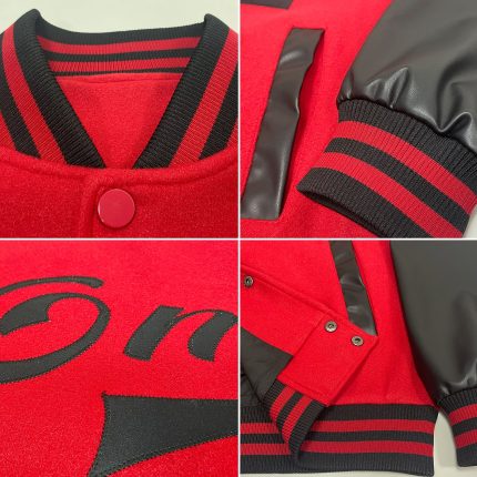 Personalized Red Black Bomber Full-Snap Varsity Letterman Two Tone Jacket Team Custom Name and Number