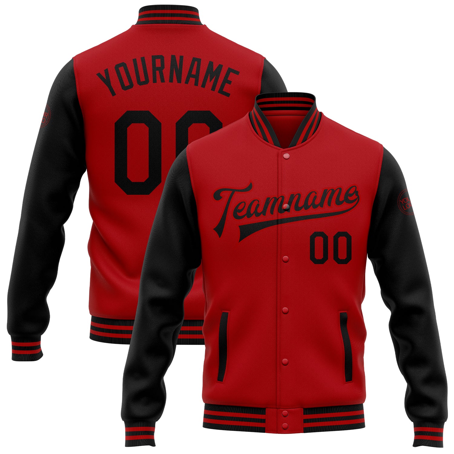 Personalized Red Black Bomber Full-Snap Varsity Letterman Two Tone Jacket Team Custom Name and Number