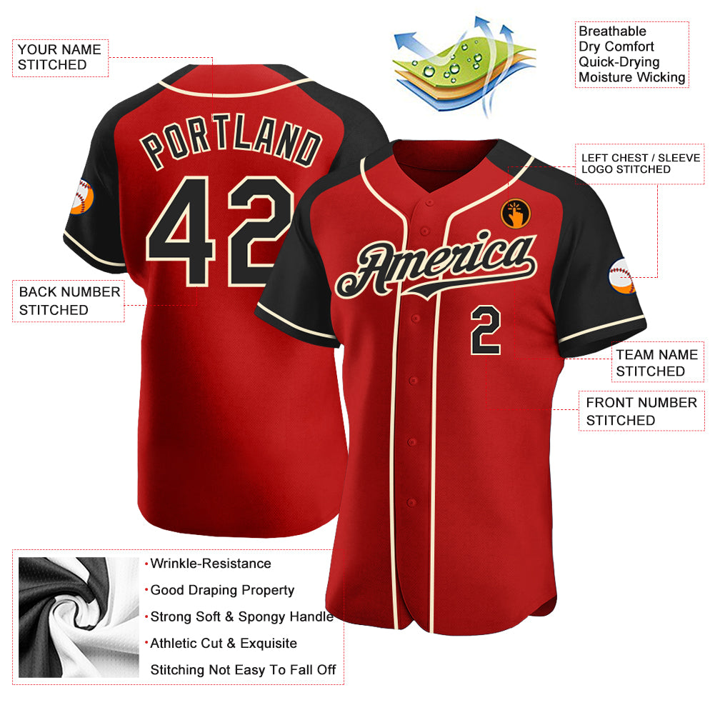 Personalized Red Black-Cream Authentic Raglan Sleeves Baseball Jersey Team Custom Name and Number Personalized Red Black-Cream Authentic Raglan Sleeves Baseball Jersey Team Custom Name and Number - Image 3