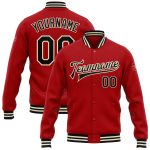 Personalized Red Black-Cream Bomber Full-Snap Varsity Letterman Jacket Team Custom Name and Number