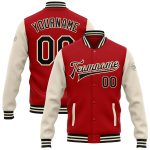 Personalized Red Black-Cream Bomber Full-Snap Varsity Letterman Two Tone Jacket Team Custom Name and Number
