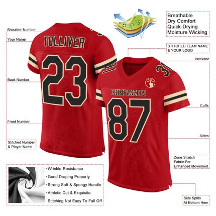 Personalized Red Black-Cream Mesh Authentic Football Jersey Team Custom Name and Number