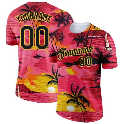 Personalized Red Black-Gold 3D Pattern Design Sun Beach Hawaii Palm Trees Performance T-Shirt Team Custom Name and Number
