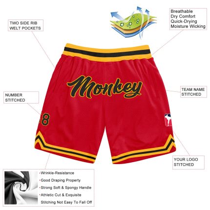 Personalized Red Black-Gold Authentic Throwback Basketball Shorts Team Custom Name and Number