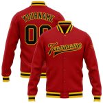 Personalized Red Black-Gold Bomber Full-Snap Varsity Letterman Jacket Team Custom Name and Number