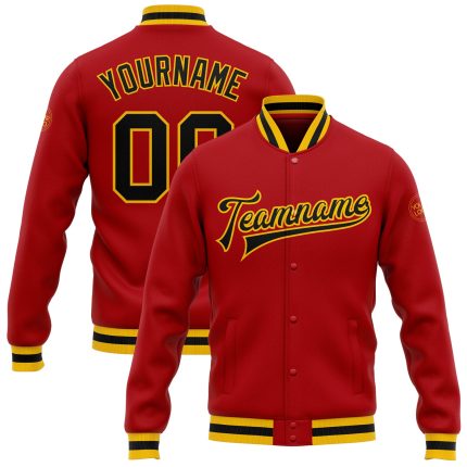 Personalized Red Black-Gold Bomber Full-Snap Varsity Letterman Jacket Team Custom Name and Number