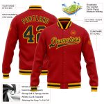 Personalized Red Black-Gold Bomber Full-Snap Varsity Letterman Jacket Team Custom Name and Number