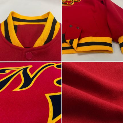 Personalized Red Black-Gold Bomber Full-Snap Varsity Letterman Jacket Team Custom Name and Number